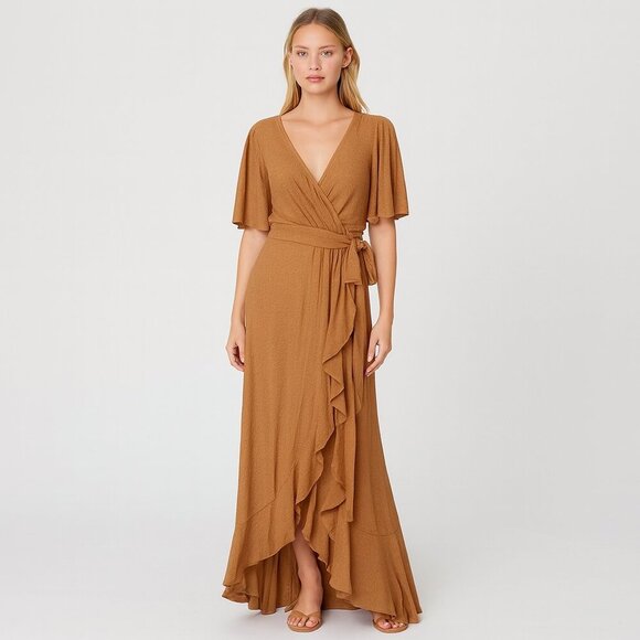 NWT Mac Duggal V-Neck Ruffle Wrap Dress Short Sleeve Camel Brown 2 #7982 - Picture 1 of 6